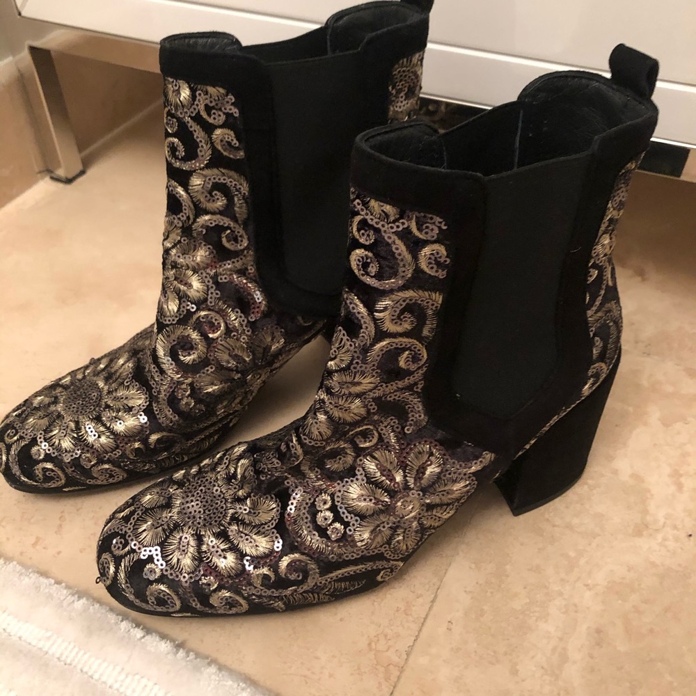 Stuart Weitzman Black Mediate Sequin Gold Booties - image 4